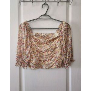 Rewind Women's Floral Shirred Back Smocked Puff‎ Sleeve Top Size L